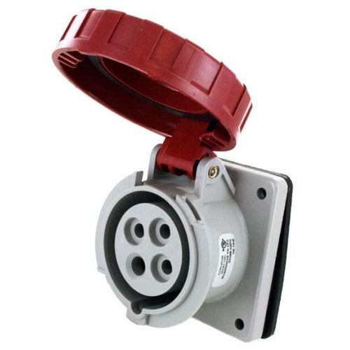 Techspan SCM420R7W, Pin and Sleeve Receptacle, 20A 3Ø480V, 3-Pole 4-Wire Grounding, Clock Position 7H, Watertight (IP67), Red