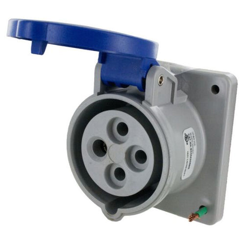 Techspan SCM420R9S, Pin and Sleeve Receptacle, 20A 3Ø250V, 3-Pole 4-Wire Grounding, Clock Position 9H, Splashproof (IP44), Blue