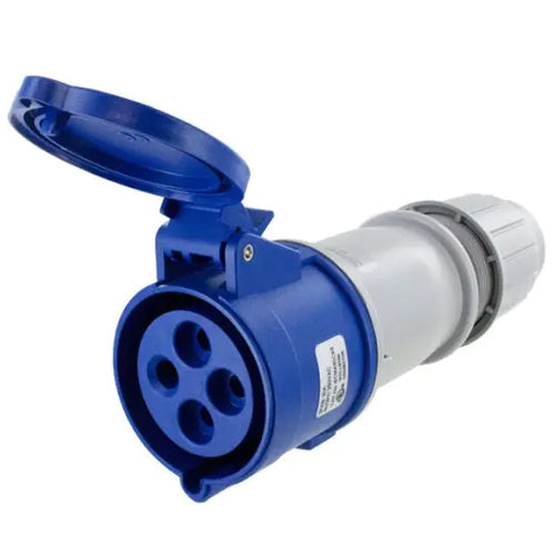 Techspan SCM430C9S, Pin and Sleeve Connector, 30A 3Ø250V, 3-Pole 4-Wire Grounding, Clock Position 9H, Splashproof (IP44), Blue