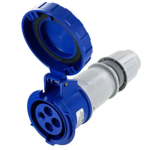 Techspan SCM430C9W, Pin and Sleeve Connector, 30A 3Ø250V, 3-Pole 4-Wire Grounding, Clock Position 9H, Watertight (IP67), Blue