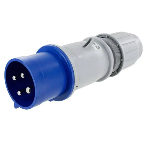 Techspan SCM430P9S, Pin and Sleeve Plug, 30A 3Ø250V, 3-Pole 4-Wire Grounding, Clock Position 9H, Splashproof (IP44), Blue
