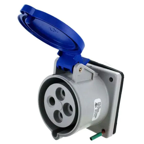 Techspan SCM430R9S, Pin and Sleeve Receptacle, 30A 3Ø250V, 3-Pole 4-Wire Grounding, Clock Position 9H, Splashproof (IP44), Blue