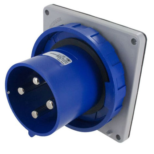 Techspan SCM460B9W, Pin and Sleeve Inlet, 60A 3Ø250V, 3-Pole 4-Wire Grounding, Clock Position 9H, Watertight (IP67), Blue