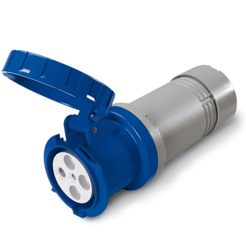 Techspan SCM460C9W, Pin and Sleeve Connector, 60A 3Ø250V, 3-Pole 4-Wire Grounding, Clock Position 9H, Watertight (IP67), Blue