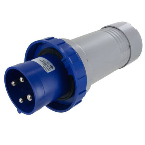 Techspan SCM460P9W, Pin and Sleeve Plug, 60A 3Ø250V, 3-Pole 4-Wire Grounding, Clock Position 9H, Watertight (IP67), Blue