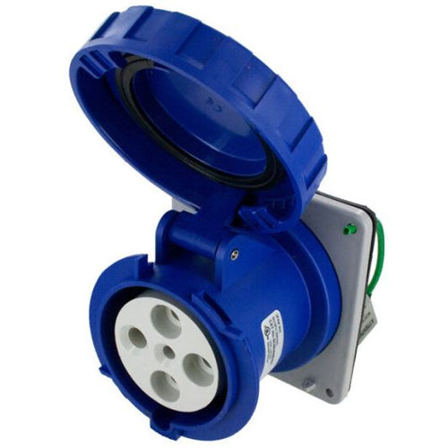 Techspan SCM460R9W, Pin and Sleeve Receptacle, 60A 3Ø250V, 3-Pole 4-Wire Grounding, Clock Position 9H, Watertight (IP67), Blue