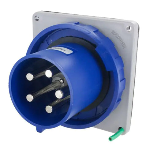 Techspan SCM5100B9W, Pin and Sleeve Inlet, 100A 3ØY120/208V, 4-Pole 5-Wire Grounding, Clock Position 9H, Watertight (IP67), Blue
