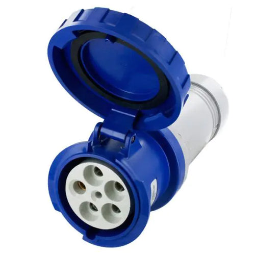 Techspan SCM5100C9W, Pin and Sleeve Connector, 100A 3ØY120/208V, 4-Pole 5-Wire Grounding, Clock Position 9H, Watertight (IP67), Blue