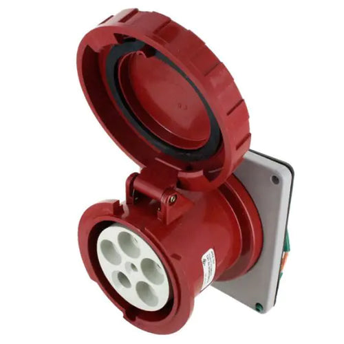 Techspan SCM5100R7W, Pin and Sleeve Receptacle, 100A 3ØY277/480V, 4-Pole 5-Wire Grounding, Clock Position 7H, Watertight (IP67), Red
