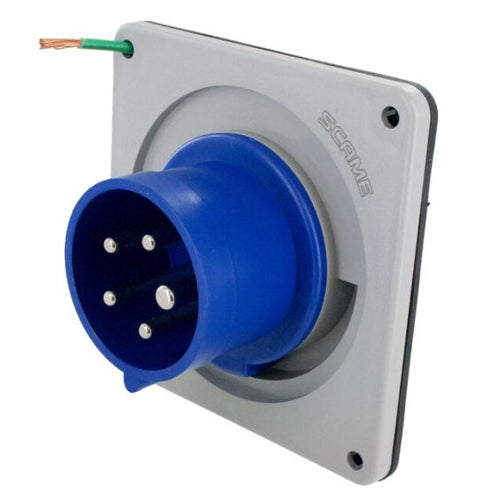 Techspan SCM530B9S, Pin and Sleeve Inlet, 30A 3ØY120/208V, 4-Pole 5-Wire Grounding, Clock Position 9H, Splashproof (IP44), Blue