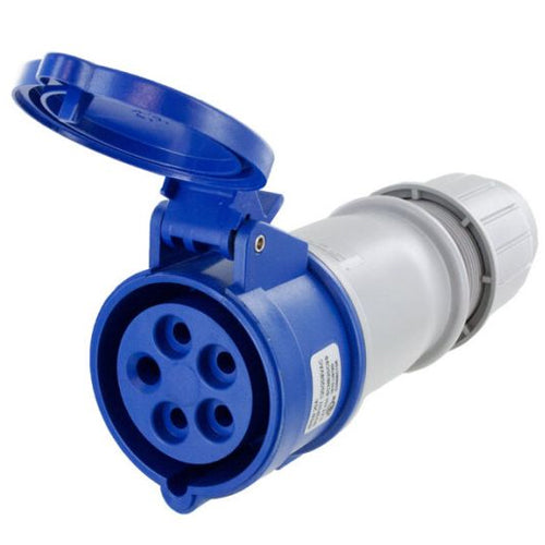 Techspan SCM520C9S, Pin and Sleeve Connector, 20A 3ØY120/208V, 4-Pole 5-Wire Grounding, Clock Position 9H, Splashproof (IP44), Blue