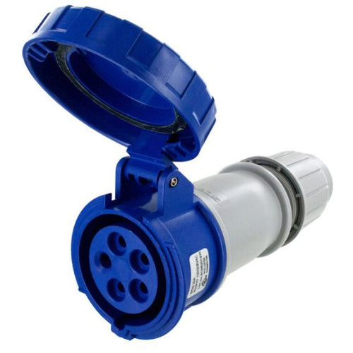 Techspan SCM520C9W, Pin and Sleeve Connector, 20A 3ØY120/208V, 4-Pole 5-Wire Grounding, Clock Position 9H, Watertight (IP67), Blue
