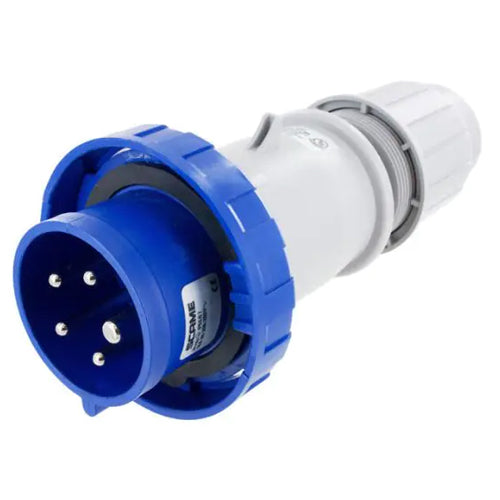 Techspan SCM530P9W, Pin and Sleeve Plug, 30A 3ØY120/208V, 4-Pole 5-Wire Grounding, Clock Position 9H, Watertight (IP67), Blue