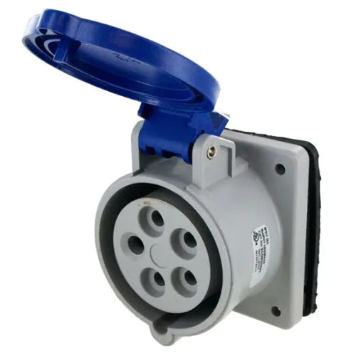 Techspan SCM520R9S, Pin and Sleeve Receptacle, 20A 3ØY120/208V, 4-Pole 5-Wire Grounding, Clock Position 9H, Splashproof (IP44), Blue