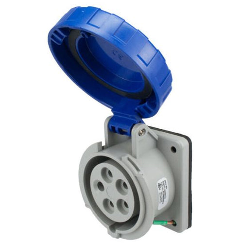 Techspan SCM520R9W, Pin and Sleeve Receptacle, 20A 3ØY120/208V, 4-Pole 5-Wire Grounding, Clock Position 9H, Watertight (IP67), Blue