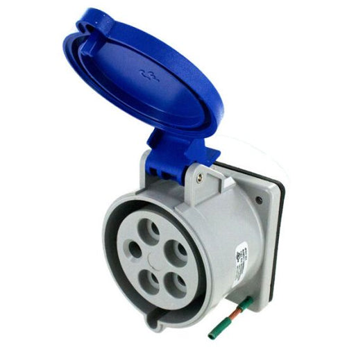 Techspan SCM530R9S, Pin and Sleeve Receptacle, 30A 3ØY120/208V, 4-Pole 5-Wire Grounding, Clock Position 9H, Splashproof (IP44), Blue
