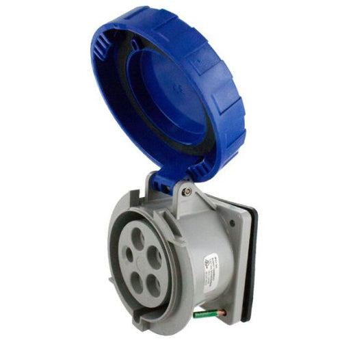 Techspan SCM530R9W, Pin and Sleeve Receptacle, 30A 3ØY120/208V, 4-Pole 5-Wire Grounding, Clock Position 9H, Watertight (IP67), Blue