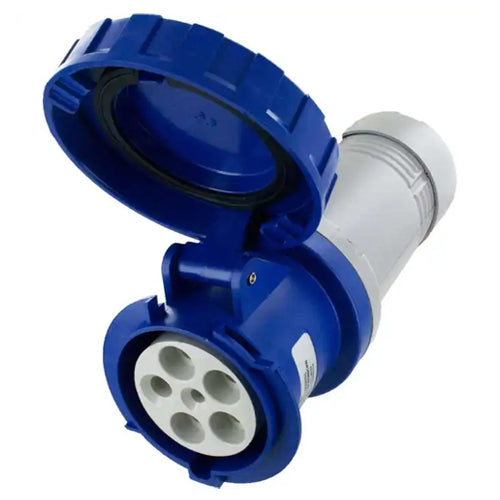 Techspan SCM560C9W, Pin and Sleeve Connector, 60A 3ØY120/208V, 4-Pole 5-Wire Grounding, Clock Position 9H, Watertight (IP67), Blue