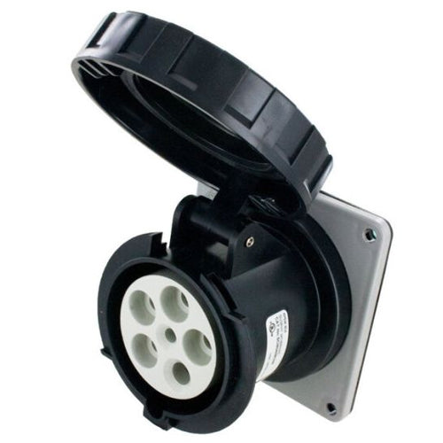 Techspan SCM560R5W, Pin and Sleeve Receptacle, 60A 3Ø347/600V, 4-Pole 5-Wire Grounding, Clock Position 5H, Watertight (IP67), Black