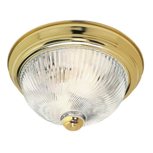 Satco SF76-024, 2 Light, 11" Flush with Clear Ribbed Swirl Glass, 60W, 120V, A19, Medium Base, Polished Brass Finish