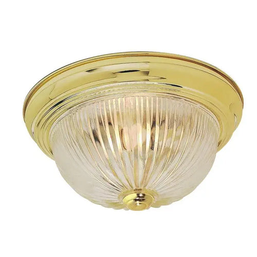 Satco SF76-091, 2 Light, 11" Flush with Clear Ribbed Glass, 60W, 120V, A19, Medium Base, Polished Brass Finish