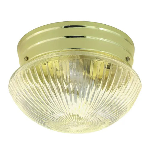 Satco SF76-252, 2 Light, 10" Flush with Clear Ribbed Glass, 60W, 120V, A19 Lamp Type, Medium Base, Polished Brass Finish