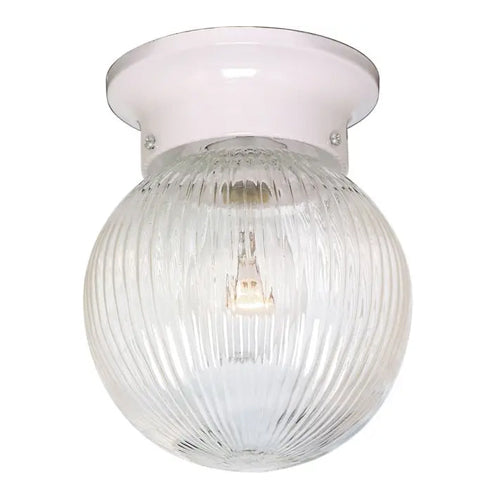 Satco SF76-257, 1 Light, 6" Flush with Clear Ribbed Glass, 60W, 120V, A19 Lamp Type, Medium Base, White Finish