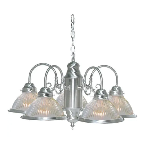 Satco SF76-444, 5 Light,  22" Chandelier With Clear Ribbed Shades, 60W, 120V, A19 Lamp Type, Medium Base, Brushed Nickel Finish