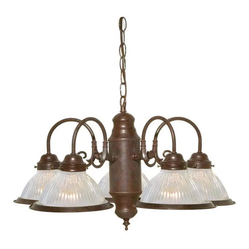 Satco SF76-445, 5 Light,  22" Chandelier With Clear Ribbed Shades, 60W, 120V, A19 Lamp Type, Medium Base, Old Bronze Finish