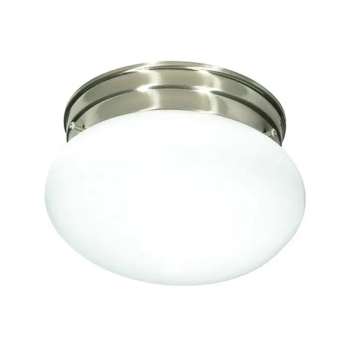 Satco SF76-601, 1 Light, 8" Flush Mount Small White Mushroom, 60W, 120V, Medium Base, Brushed Nickel Finish