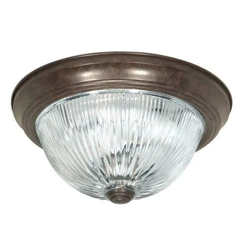 Satco SF76-607, 2 Light, 13" Flush Mount Fixture, Clear Ribbed Glass, 60W, 120V, Medium Base, Old Bronze Finish
