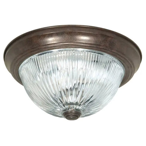 Satco SF76-608, 3 Light, 15" Flush Mount Fixture, Clear Ribbed Glass, 60W, 120V, Medium Base, Old Bronze Finish