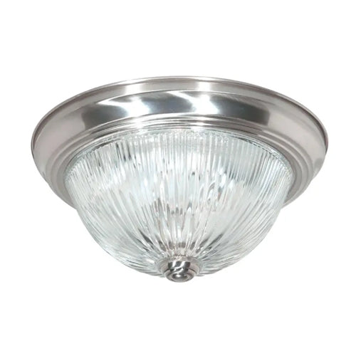 Satco SF76-609, 2 Light, 11" Flush Mount Fixture, Clear Ribbed Glass, 60W, 120V, Medium Base, Brushed Nickel Finish