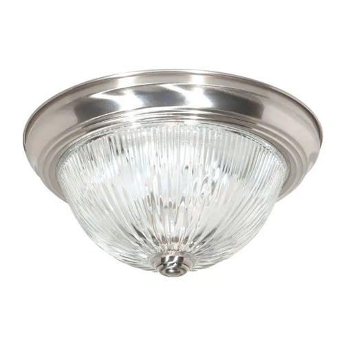 Satco SF76-610, 2 Light, 13" Flush Mount Fixture, Clear Ribbed Glass, 60W, 120V, Medium Base, Brushed Nickel Finish