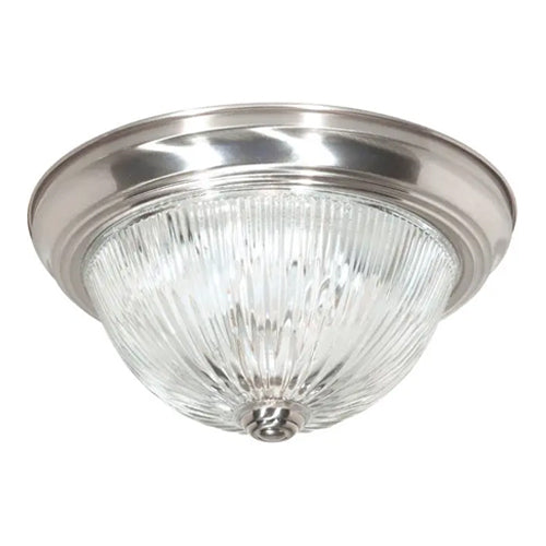 Satco SF76-611, 3 Light, 15" Flush Mount Fixture, Clear Ribbed Glass, 60W, 120V, Medium Base, Brushed Nickel Finish