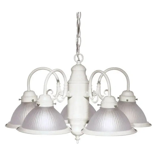 Satco SF76-693, 5 Light, 22" Chandelier With Frosted Ribbed Shades, A19 Lamp Type, 60W, 120V, Medium Base, Textured White Finish