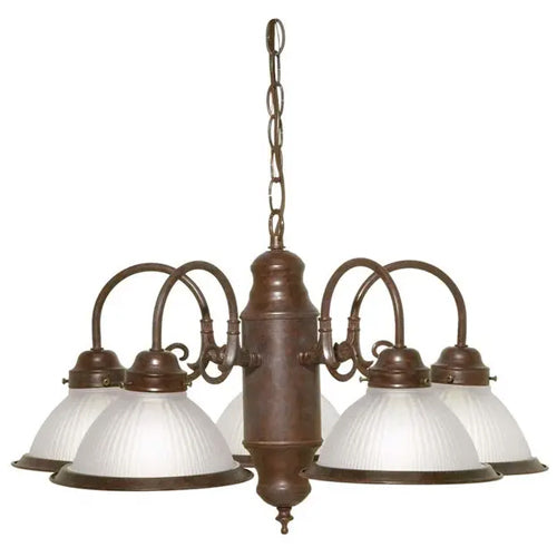 Satco SF76-694, 5 Light, 22" Chandelier With Frosted Ribbed Shades, A19 Lamp Type, 60W, 120V, Medium Base, Old Bronze Finish