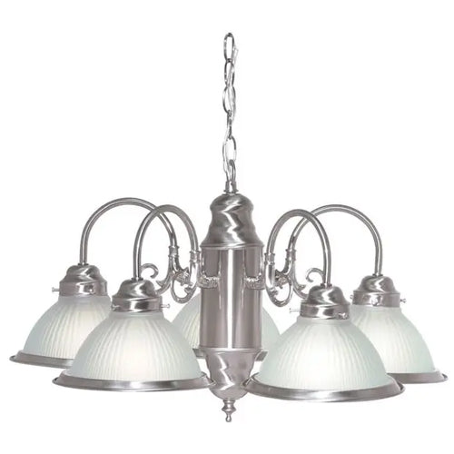 Satco SF76-695, 5 Light, 22" Chandelier With Frosted Ribbed Shades, A19 Lamp Type, 60W, 120V, Medium Base, Brushed Nickel Finish