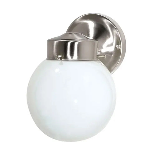Satco SF76-705, 1 Light, 6" Porch Wall With White Globe, 60W, 120V, A19 Lamp Type, Medium Base, Brushed Nickel Finish