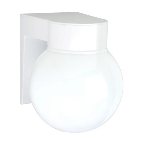 Satco SF77-531, 1 Light, 8" Utility Wall Mount Fixture, With White Glass Globe, 100W, 120V, A19, Medium Base, White Finish