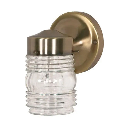 Satco SF77-995, 1 Light 6" Outdoor Wall Mason Jar Lantern with Clear Glass, 60W, 120V, A19, Medium Base, Antique Brass Finish