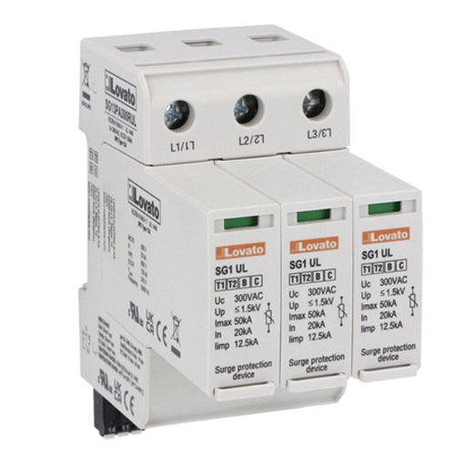 Lovato SG13PA750RUL, Surge Protection Device Type 1 and 2, with Plug-in Cartridge Type 1CA/Open-Type 1, In 20kA, Uc 750VAC, UL-certified