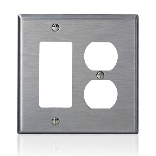 Leviton SJ826-40, 2-Gang 1-Duplex 1-Decora Combination Wallplate, Midway Size, Non-Magnetic Stainless Steel