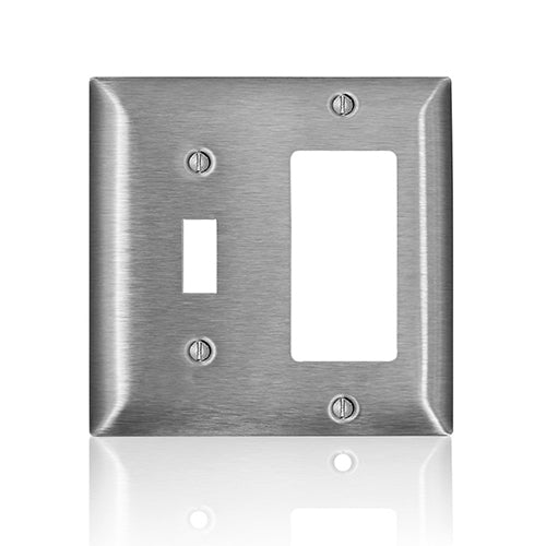 Leviton SS126-40, C-Series 2-Gang 1-Toggle 1-Decora/GFCI Device Combination Wallplate, Standard Size, Non-Magnetic Stainless Steel, Device Mount
