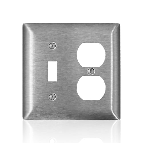 Leviton SS18-40, C-Series 2-Gang 1-Toggle 1-Duplex Device Combination Wallplate, Standard Size, Non-Magnetic Stainless Steel, Device Mount