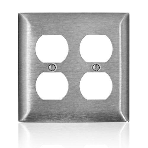 Leviton SS82-40, 2-Gang Duplex Receptacle Wallplate, Standard Size, Non-Magnetic Stainless Steel, C-Series, Device Mount