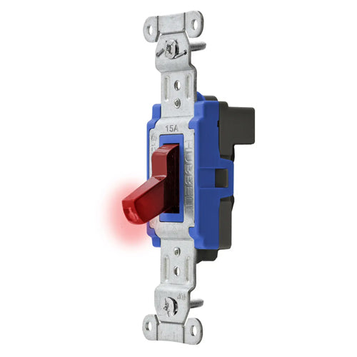 Hubbell SNAP1201PLRNA, SNAPConnect Heavy Duty Pilot Toggle Switch, Light ON with Load ON, Single Pole, 15A 120/277V AC, Red Toggle