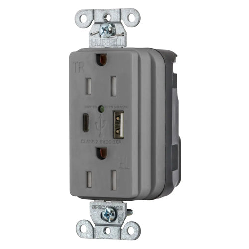 Hubbell SNAP15UACGY, SNAPConnect USB Charger Duplex Receptacles, Tamper Resistant, Style Line Decorator, Type A and Type-C Port, 15A 125V, 5-15R, 2-Pole 3-Wire Grounding, Gray