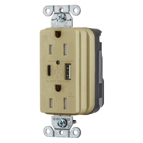 Hubbell SNAP15UACI, SNAPConnect USB Charger Duplex Receptacles, Tamper Resistant, Style Line Decorator, Type A and Type-C Port, 15A 125V, 5-15R, 2-Pole 3-Wire Grounding, Ivory