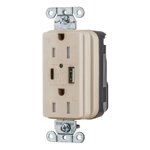 Hubbell SNAP15UACLA, SNAPConnect USB Charger Duplex Receptacles, Tamper Resistant, Style Line Decorator, Type A and Type-C Port, 15A 125V, 5-15R, 2-Pole 3-Wire Grounding, Light Almond